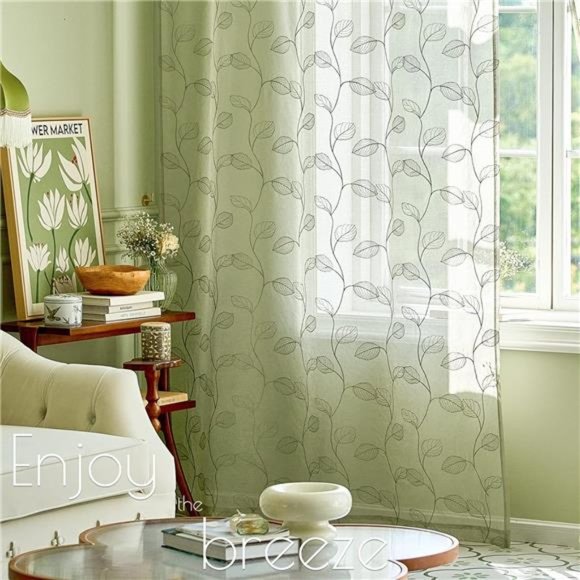 Sage Sheer Curtains Leaf Embroidered 96 Inch Long for Living Room Bedroom Rod - Picture 5 of 7